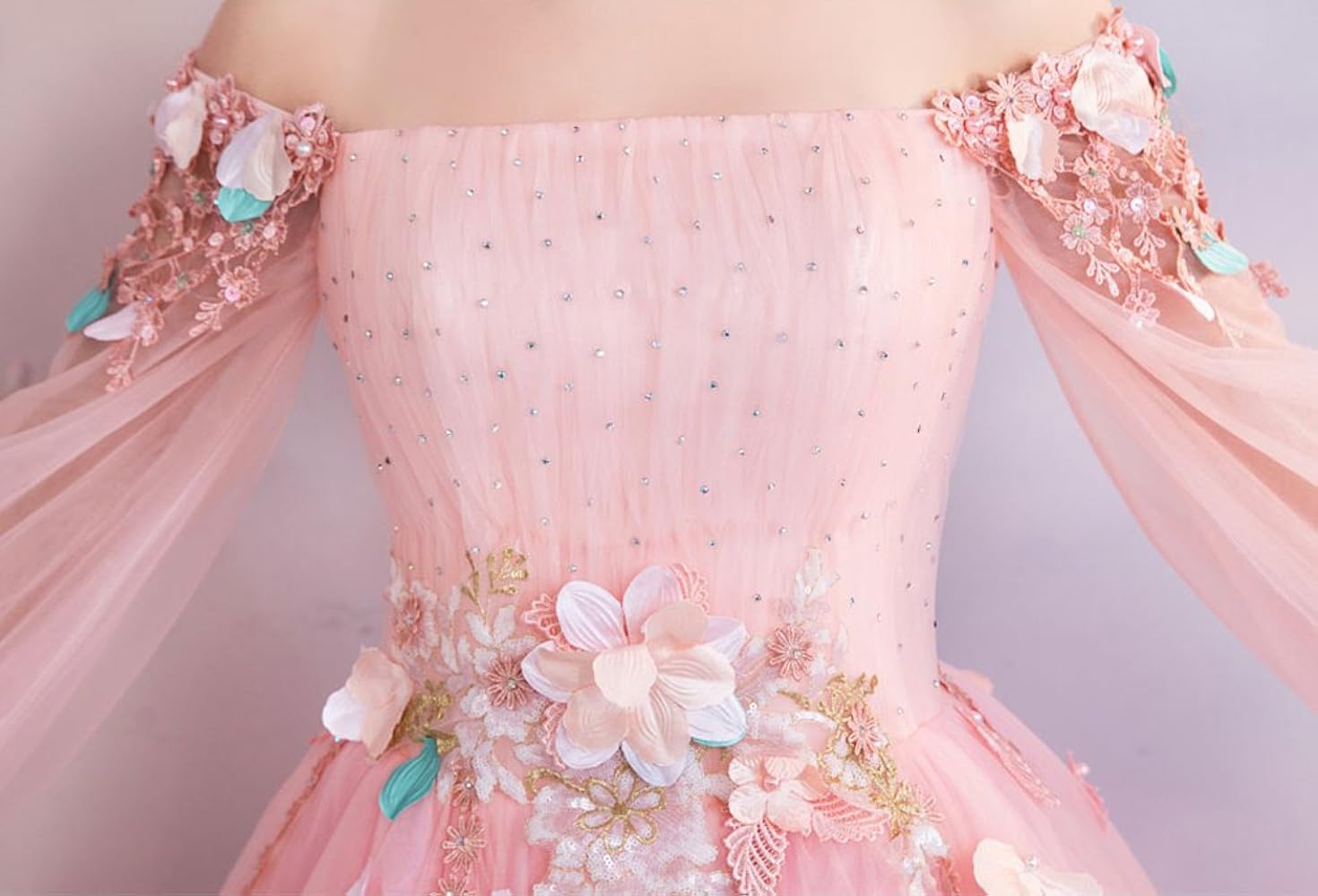 ピンク フリル オフショルダー　ラテンドレス 豪華！ カラードレス 薄ピンク 取り外しオフショルダー ラッフル